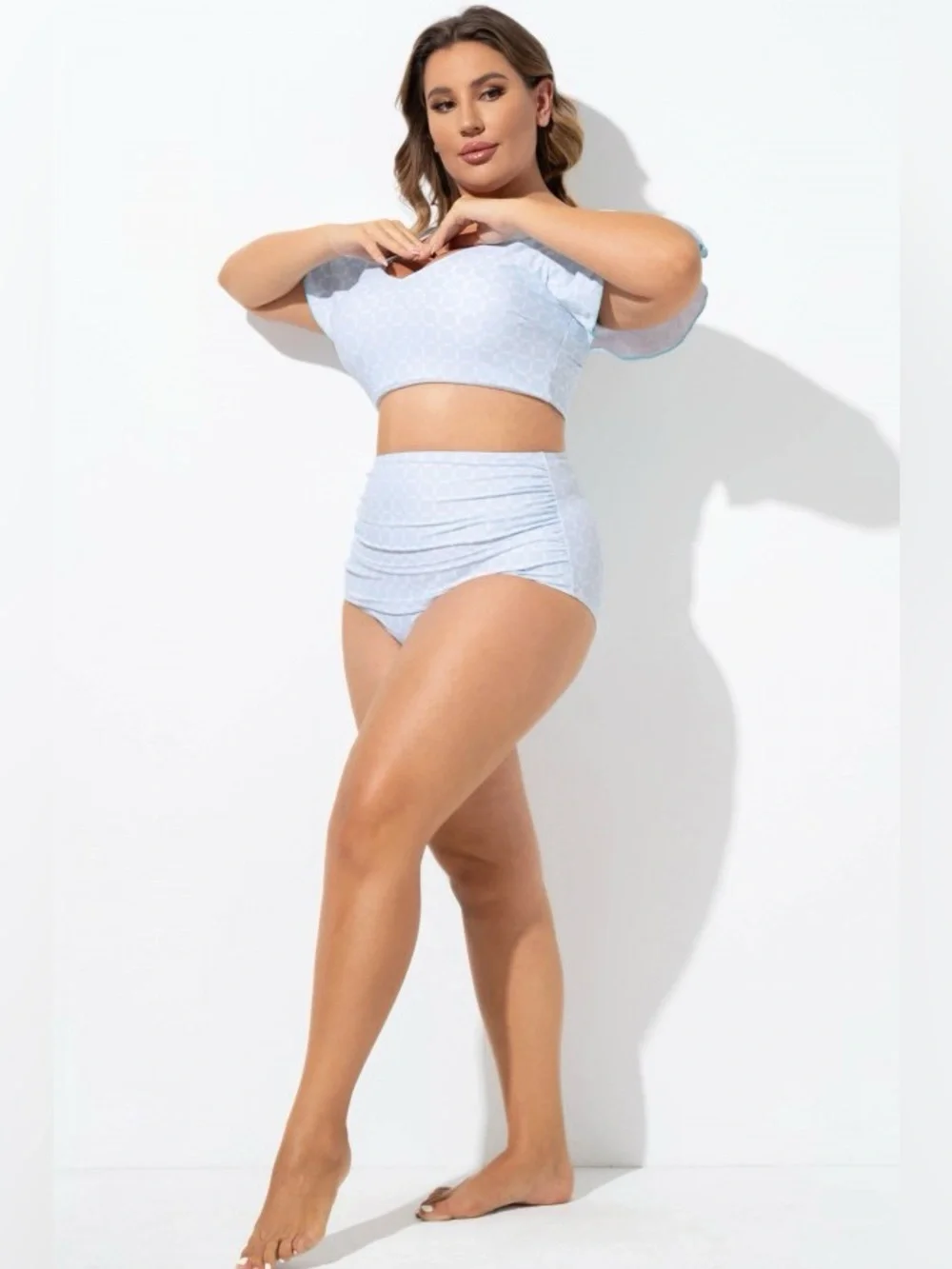 Meet.Curve Matching Set Blue V-neck Flutter Sleeve Top High Waist Bottom